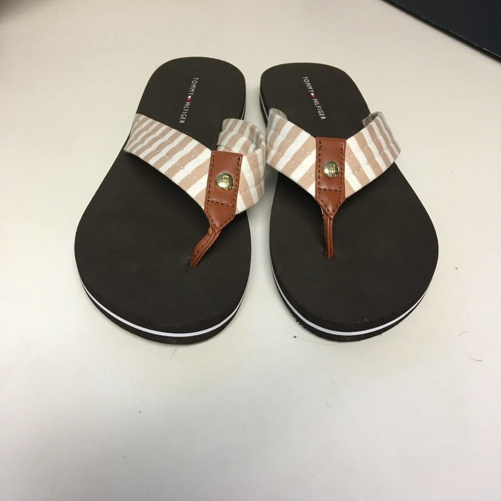 Tommy Hilfiger Cicin Light Brown & White Striped Thong Flip-Flops Size 6